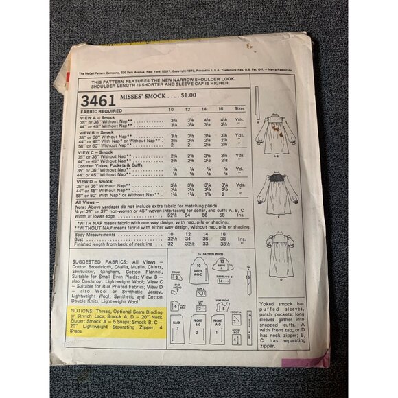 Vintage McCalls 3461 Sewing Pattern Misses Shirt Smock Size 12 uncut 1972 - Picture 2 of 2